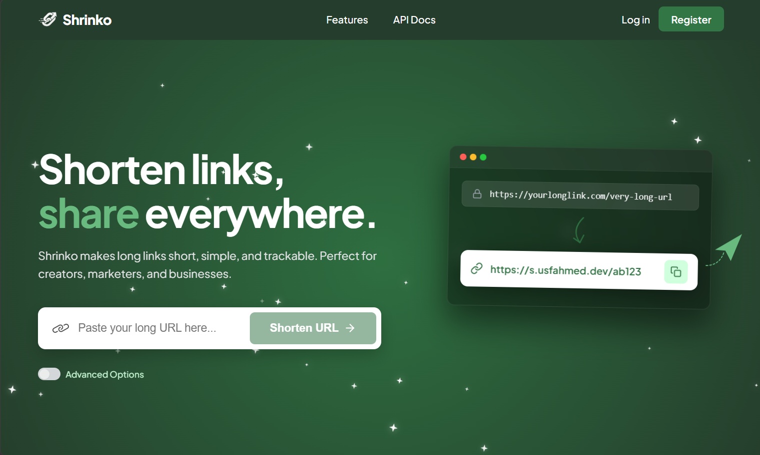 Shrinko landing page with the URL shortener form and advanced options